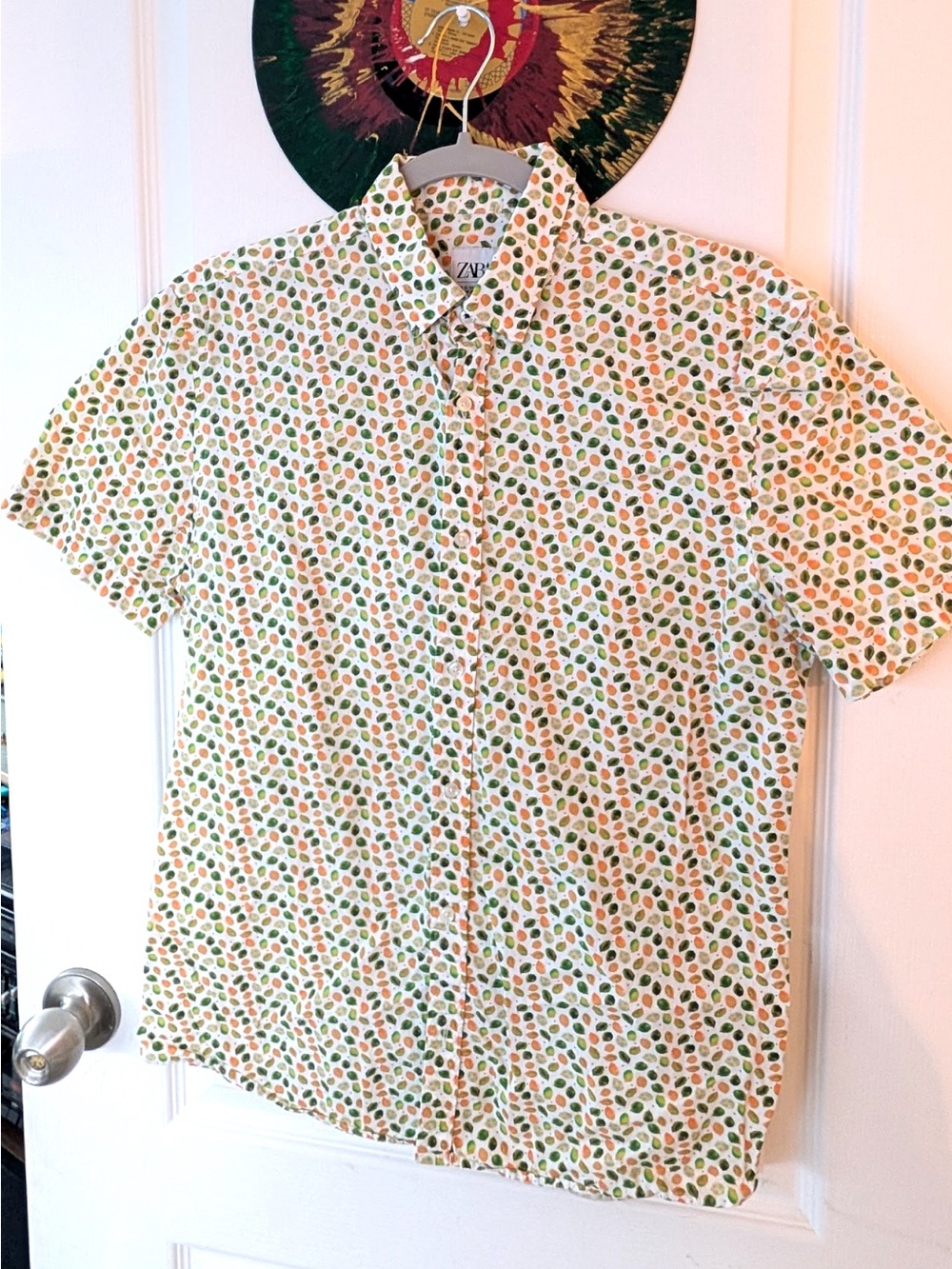 Zara Short-Sleeve Button-Down Shirt in Cream with Green & Orange Print